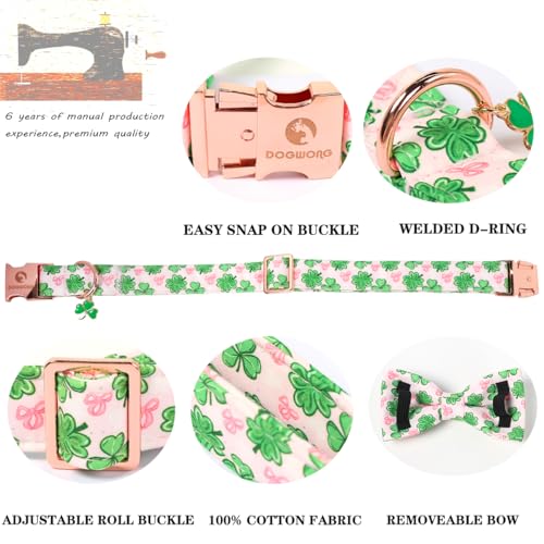 DOGWONG St. Patrick's Day Shamrock Dog Collar with Bow,Pink Green Four Leaf Clover Pattern Dog Collar, Adjustable Durable Soft Collars Irish Gift for Male Female Dogs,S - color: C-Pink shamrock bow, size: S