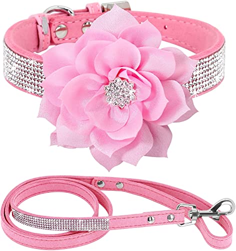 Rhinestone Bling Leather Dog Collar and Leash Set, Cute Dazzling Sparkling Soft Velvet Dog Cat Collar Crystal Diamond Puppy Collar (XS, Pink) - color: Pink, size: XS