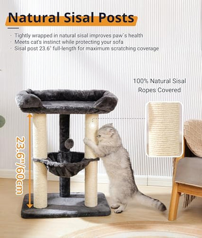 Happi N Pets 28" Cat Tree, Large Bed for Big Cats, Small Cat Tower with Soft Perch for Window Viewing, Stable Cat Tree Tower, Cat Scratching Post with Hammock, Removable Cover-Gray - color: Gray