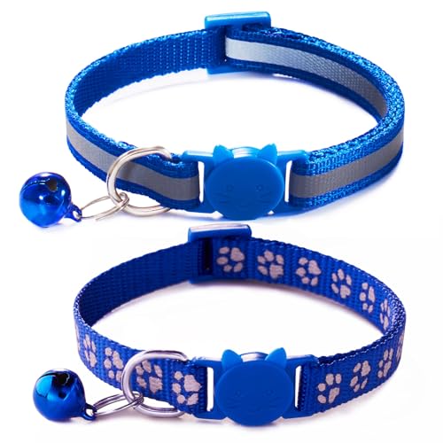 Blue Reflective Cat Collar with Bells, [2 Pack] Break Away Kitten Collar with Bells, Breakaway Cat Collar for Boy Cats Kitty - color: Blue