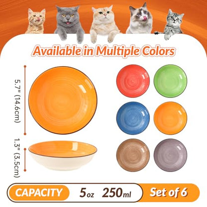 Colorful Ceramic Cat Bowls Set, 6 Pack Whisker-Friendly Cat Dishes for Food and Water, 5.7" Wide and Shallow Plates for Dry Wet Food, Ideal for Multi-Pet Homes, Microwave & Dishwasher Safe