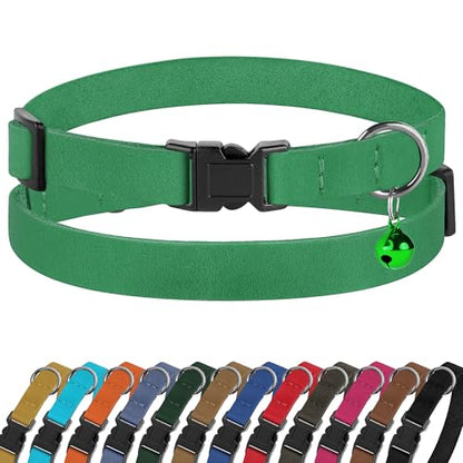 Breakaway Cat Collar Leather with Removable Bell - 13 Colors Available - Soft Adjustable Girl Boy Safety Lightweight Pet Kitten Collars Pink Brown Blue Green Red Orange Black (Green) - color: Green