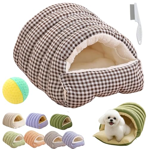 Winter Cave, Cozy Monster Cat Bed with Removable Washable Cushion, Soft Warm Plush Enclosed Tent Bed Cat House with Non-Slip Bottom for Cat and Dog (Brown Plaid, M) - color: Brown Plaid, size: M