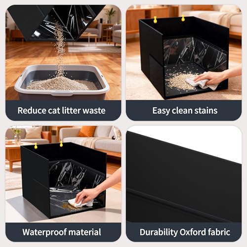 Aokeyee Black Waterproof Cat Litter Box Enclosure Splash Guard with Removable PVC Mat, Foldable Pet Litter Box Shield with 2 Hooks - color: Black