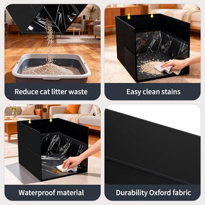 Aokeyee Black Waterproof Cat Litter Box Enclosure Splash Guard with Removable PVC Mat, Foldable Pet Litter Box Shield with 2 Hooks - color: Black