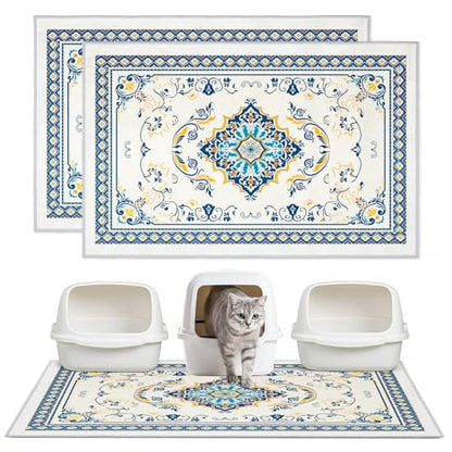 Washable Cat Litter Mat 48"x36" 2Pack with Non-Slip Bottom Waterproof Litter Box Mat Easy to Clean Litter Trapping Mat for Kitty - color: Blue&White, size: 48"x36"-2 Pack