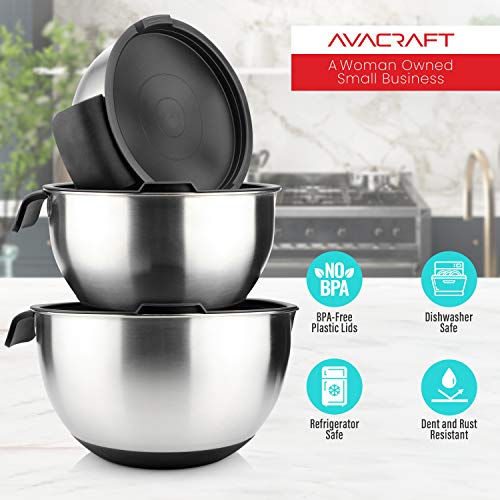 AVACRAFT 18/10 Stainless Steel Mixing Bowls with Lids, non slip silicone base bowls with Handle, Mixing Bowl Set with Pour Spouts & Measurement Marks, Home Essentials Cooking Bowls, (Black) - color: Black