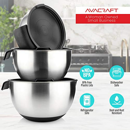 AVACRAFT 18/10 Stainless Steel Mixing Bowls with Lids, non slip silicone base bowls with Handle, Mixing Bowl Set with Pour Spouts & Measurement Marks, Home Essentials Cooking Bowls, (Black) - color: Black