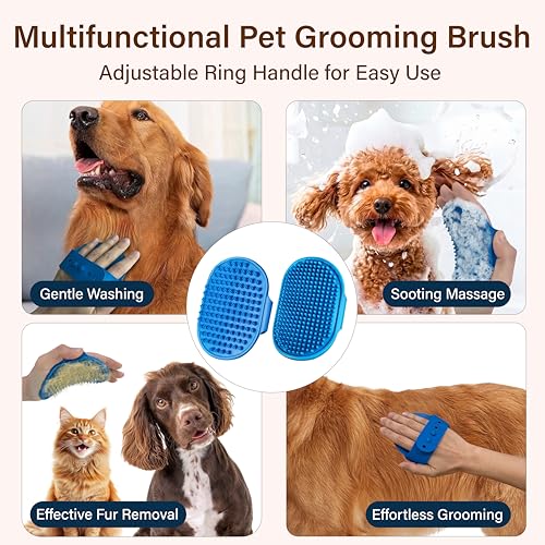 7PCS Dog Bath Supplies, Pet Grooming Kit for Dogs & Cats and Horses - Dog Washing Gloves, Pet Grooming Gloves, Dog Towel 40'' X 23.6'', Dog Bath Brush, Dog Shampoo Brush, Dog Finger Toothbrush (Blue)