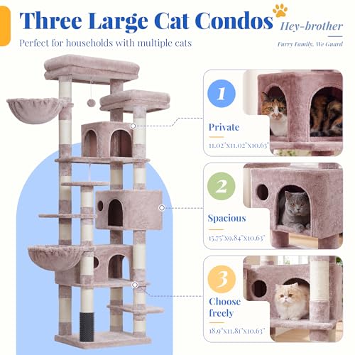 Hey-brother Cat Tree, 74 inches Multi-Level XL Large Cat Tower for Indoor Cats with Three Cat Condos, Two Large Top Decks and Cat Hairbrushfor Kittens, Cats and Pets,Muchroom MPJ035-MMU - color: Muchroom