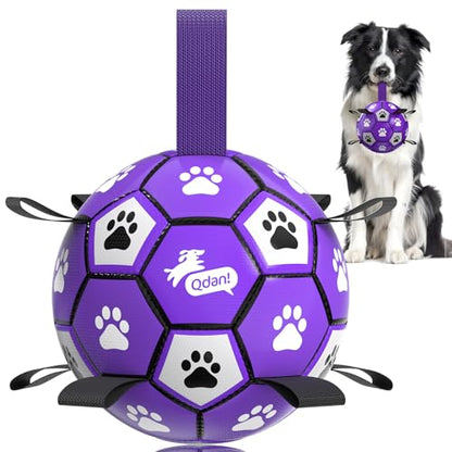 QDAN Dog Toys Soccer Ball with Straps - Dog Water Toy, Puppy Birthday Gifts, Durable Dog Balls for Small Medium Dogs （6 Inch） - color: Purple White, size: 6 Inch