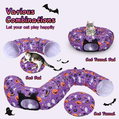 Tidjani Cat Tunnel Bed, Cat Tunnels for Indoor Cats, Foldable Pet Donut Bed with Washable Mat and Dangling Balls, Pumpkins Spider Candy Pattern, Purple Pet Tube Toys Gifts for Kitten, Puppy, Rabbit - style: Purple Pumpkin