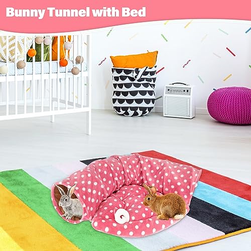 BWOGUE Bunny Tunnel Bed, 2-in-1 Collapsible Tunnel Tubes Toys with Removable Mat Hideout for Cats Kittens Rabbits Guinea Pigs Kitty - color: Pink