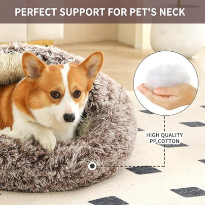 Dog Bed Round Hooded Plush Cat Cave Self Warming Pet Bed Donut Anti Anxiety Fluffy Pet Bed for Puppy and Kitty - color: Gradual brown, size: Medium 23.6''
