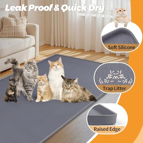 Kalolary Cat Litter Mats, 51" x 25.6" Extra Large Silicone Cat Mat for Litter Box, Easy to Clean Kitty Litter Trapping Mat, Soft on Kitty Paws, Waterproof, Urine-Proof Kitty Litter Mats for Floor,Grey - color: Grey: 130x65cm
