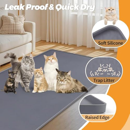Kalolary Cat Litter Mats, 51" x 25.6" Extra Large Silicone Cat Mat for Litter Box, Easy to Clean Kitty Litter Trapping Mat, Soft on Kitty Paws, Waterproof, Urine-Proof Kitty Litter Mats for Floor,Grey - color: Grey: 130x65cm