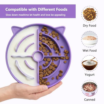 YINEYA 2 Pcs Silicone Slow Feeder Cat Bowl, Cat Slow Feeder for Food Training, Interactive Puzzle Bowls for Puppy, Kitten Dishes to Prevent Overeating, Treat Toys Suitable for Dry and Wet Food - color: Purple & Cyan