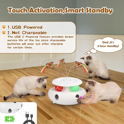 Cat Toys, 3-in-1 Interactive Cat Toy for Indoor Cats, Rechargeable Automatic Kitten Toy with Fluttering Butterfly, Moving Feather, Smart Sensor 6 Holes Whack-A-Mole & Track Balls (White) - color: white