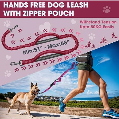 Hands Free Dog Leash with Waist Belt – No-Pull Bungee, Dual Padded Handles & Zipper Pouch for Running, Walking & Training – Adjustable Waist Leash for Large & Medium Dogs (Red) - color: Red