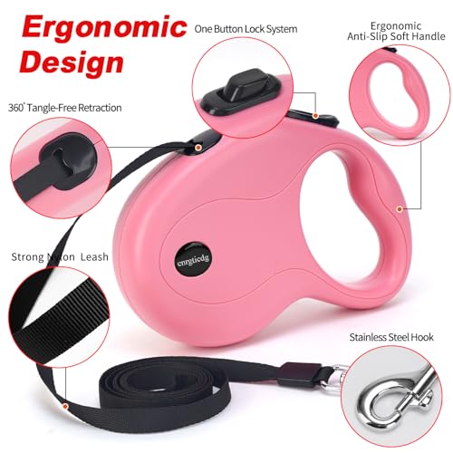 enrgticdg 16Ft Retractable Dog Leash,Light Weight Leash for Small to Medium Dogs/Cats Up to 50lbs,Stainless Steel Spring Strong Nylon Tape, Tangle Free, One-Handed Brake.(Pink-Black) - color: Pink-Black