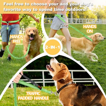Laqibak Hands Free Dog Leash, Adjustable Waist Leash for Dog Walking, Dual Bungee Dog 4.2-6.7 Feet Long with Reflective Stitches for Walking Hiking Running, Fits 26"- 43" Inch Waist, Green - color: Green