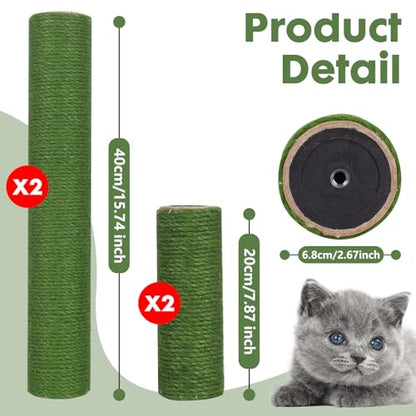 Cat Scratching Post Replacement, 4 Pieces Cat Scratcher Cat Tree Replacement Parts, 15.4'' x 2.67" Dia + 7.87“ x 2.67" DiaNatural Sisal Rope Cat Scratch Posts Include M8 Screws, Green - color: Green
