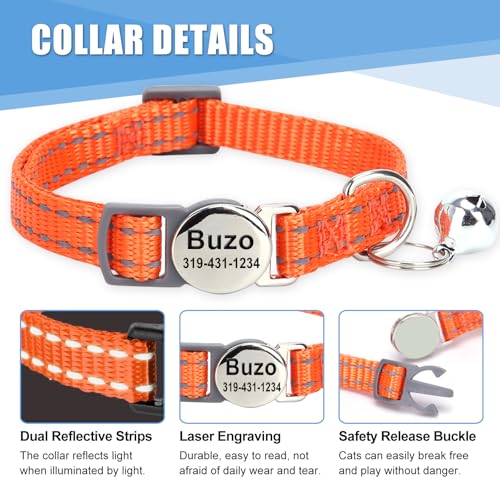 Personalized Engraved Cat Collar|Breakaway Safety Round Buckle|Reflective Adjustable Collar with ID Name Tag & Bell for Kittens & Puppies Cats,Red (7.5'' - 12'')