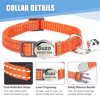 Personalized Engraved Cat Collar|Breakaway Safety Round Buckle|Reflective Adjustable Collar with ID Name Tag & Bell for Kittens & Puppies Cats,Red (7.5'' - 12'')