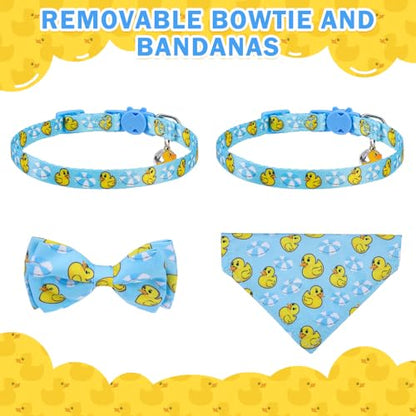 SCENEREAL Cat Collar with Bells, 2 Pack Breakaway Cat Collars with Removable Bowtie Bandana, Adjustable Cute Kitten Collar for Pet Small Dogs Boys Girls, Blue Duck - color: Bandanas & Bow (Duck - Blue)