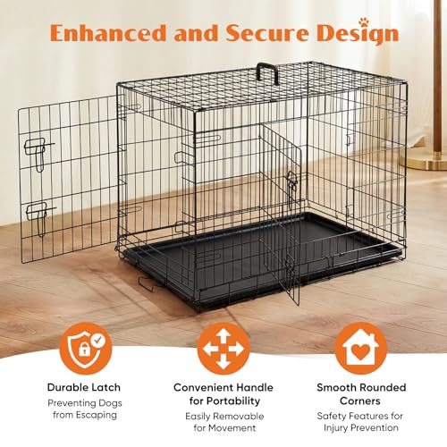 Sweetcrispy 36 Inch Dog Crate, Medium Crates Double Door Folding Metal Wire Dog Cage with Plastic Leak-Proof Pan Tray, Pet Kennel for Indoor, Outdoor, Travel - size: 36.6"L x 22.6"W x 24.2"H, style: Double Door