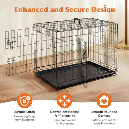 Sweetcrispy 36 Inch Dog Crate, Medium Crates Double Door Folding Metal Wire Dog Cage with Plastic Leak-Proof Pan Tray, Pet Kennel for Indoor, Outdoor, Travel - size: 36.6"L x 22.6"W x 24.2"H, style: Double Door