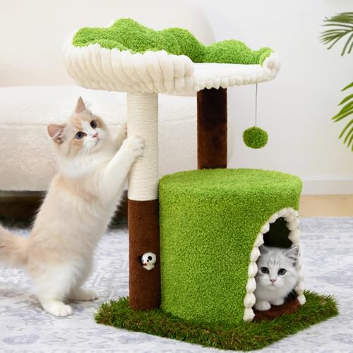 Woochpet Multi-Level Cat Tree with Sisal Scratching Post, Small Cat Tower with Cozy Condo, Soft Top Perch and Interactive Toy Mouse, Cute Forest Design Cat Furniture for Indoor Cats and Kittens