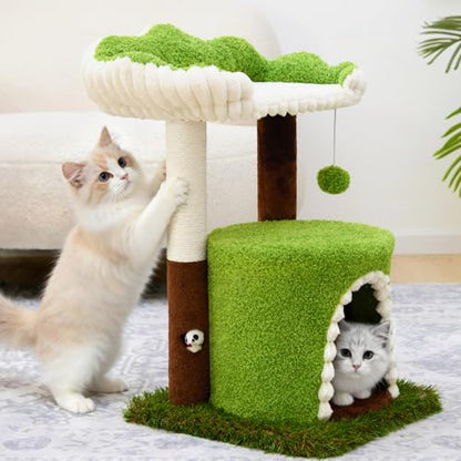 Woochpet Multi-Level Cat Tree with Sisal Scratching Post, Small Cat Tower with Cozy Condo, Soft Top Perch and Interactive Toy Mouse, Cute Forest Design Cat Furniture for Indoor Cats and Kittens