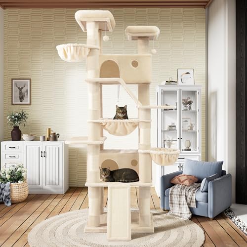 SHA CERLIN 81in Multi-Level Tall Cat Tree Tower for Indoor Kitties/Larger Cat Condo Furniture with Hammock/Cozy Pussycat Perches/Sisal Scratching Posts/Pet House/Wide Base/Beige - color: Beige