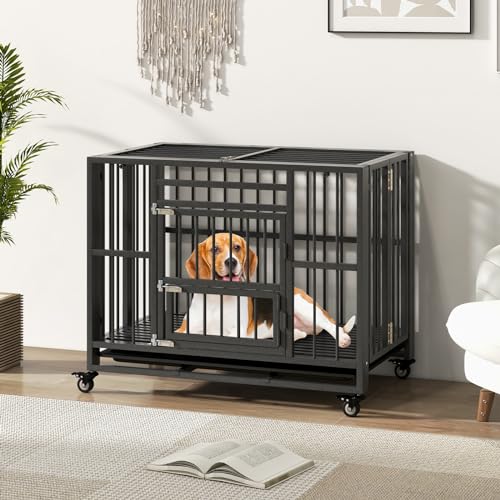 PETSITE 37 Inches Foldable Metal Dog Crate, Heavy Duty Dog Cage with 3 Lockable Doors, Removable Tray, 4 Lockable Universal Wheels, Indoor or Outdoor Dog Kennel for Small Medium Sized Dogs
