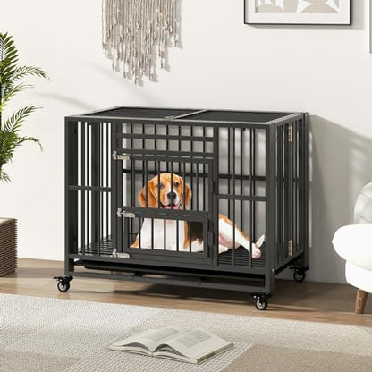 PETSITE 37 Inches Foldable Metal Dog Crate, Heavy Duty Dog Cage with 3 Lockable Doors, Removable Tray, 4 Lockable Universal Wheels, Indoor or Outdoor Dog Kennel for Small Medium Sized Dogs
