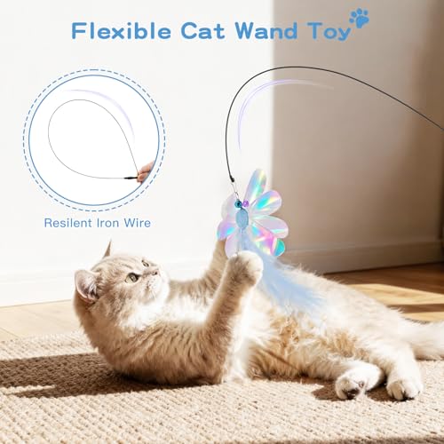 Pawaboo Feather Teaser Cat Toy, Interactive Feather Wand Cats Toy Flying Feathers Cat Catcher with Extra Long 34.5" Wand and Small Bell, Exerciser Playing Toys for Kitten or Cats, Blue Butterfly - color: Blue Butterfly