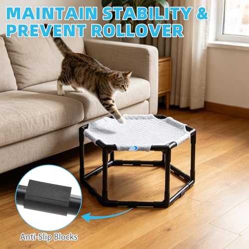 Elevated Cat Cooling Hammock Bed, Hexagonal Raised Cat Cot with Breathable Ice Beanie Fabric and Anti Slip Block, Cooling Pad Mat Indoor Outdoor Stable Pet Swing Bed for Small Puppy, Gery - color: Gray