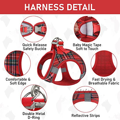 Small Dog Harness Collar and Leash Set, Step in No Chock No Pull Soft Mesh Adjustable Dog Vest Harnesses Plaid Reflective for Dogs Puppy Cats Kitten Rabbit (Red, XXS) - color: Red, size: XXS