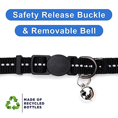 Pawtitas Recycled Black Reflective Cat Collar – Eco-Friendly Breakaway Safety Buckle, Adjustable Kitten & Adult Collar with Removable Bell and High-Visibility Strap - color: Recycled Black