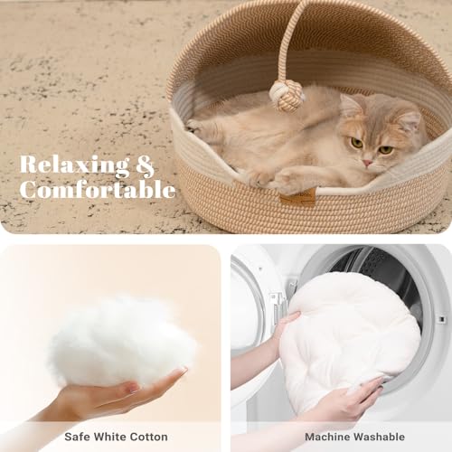 Cat Basket Bed with Washable Cushion and Ball Rope Cotton, Covered Pet Bed for Indoor Cats Cave Bed Hooded, Stimulicat Cat Bed Handwoven Breathable, All Season Universal(White) - color: White
