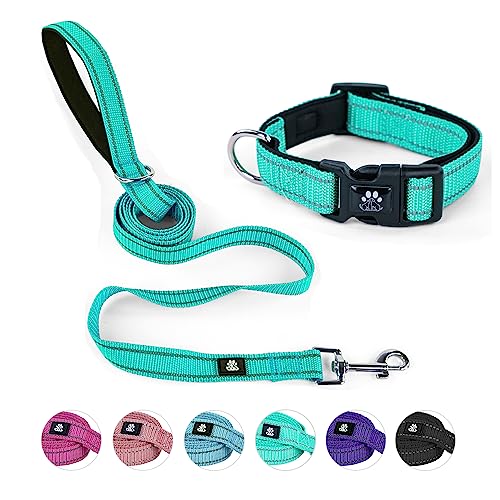 Dog Collar and Leash Set,Reflective Dog Collars with Quick Release Buckle,Adjustable Nylon Pet Collar for Small Medium Large Dogs(Small,Teal) - color: Teal, size: Small