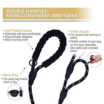 Dog Leash Heavy Duty 6ft, Double Handle Dog Leash with Padded Handle for Traffic Control, Reflective Rope Leashes for Large and Medium Dogs Night Control Safety Training (Black) - color: Black (25 to 120 lbs)