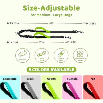 Double Dog Leash - No Tangle Splitter for Two Dogs, Coupler with Adjustable Long Lead Rope, Dual Control Handles, Retractable No Pull Bungee, Walk Train Small Medium Large 2 Pets (Green) - color: Green