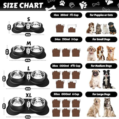 Dog Food Bowls Stainless Steel & Water Dish with No-Spill and Non-Skid, Feeder Bowls with Dog Food Dish for Small Medium Large Size,Dogs,Cats,Puppy Pets, Black, 12oz - color: Black, size: 1½ Cup/12 oz each