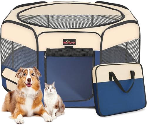 Aivituvin Dog Playpen, Foldable Pet Play Pens with Carrying Bag for Cat, Puppies, Rabbits, Portable Dog Tent Crates Cage for Travel Camping Indoor Outdoor, Removable Shade Cover, Blue M - color: BLUE, size: M