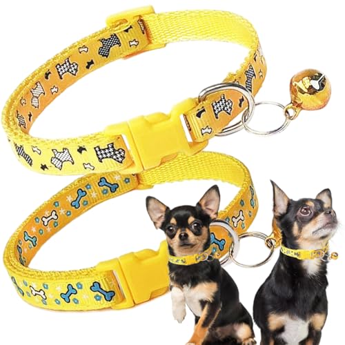 Yellow Dog Bell Collar, 2 Pack Puppy Collar with Bell, Nylon Cute Male Cat Collars Adjustable for XXS XS Little Small Boys Kitten Dogs - color: Yellow