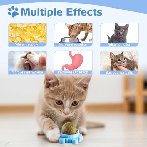 4 Packs Catnip Ball for Cats, Lickable Cat Toys Wall Mount with 360° Rolling & Spinning, Organic Cat Nip Chew Toys for Teeth Cleaning, Mint Magic Catnip Ball Toy for Indoor Cats