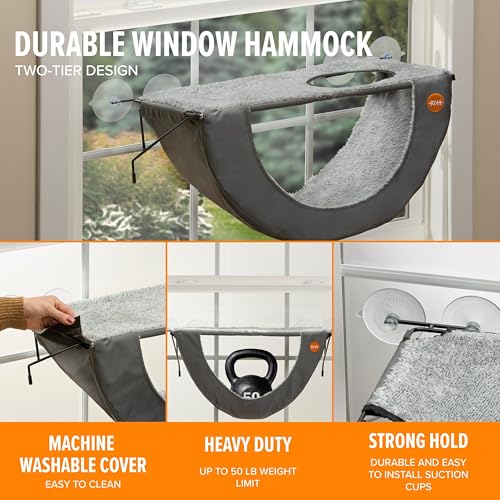 K&H Cat Window Perch EZ Mount Double Window Hammock - Sturdy 2-Level Kitty Sill Seat, Strong Suction Cups, Metal Frame, Cord-Free, Cozy Sunbathing Bed for Multiple Indoor Cats, Holds 50 lbs