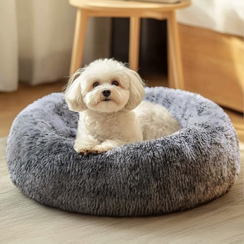 JOLLYVOGUE Dog & Cat Bed, Calming Anti-Anxiety Pet Bed for Small Dogs, Fluffy Donut Cushion for Small and Medium Pets (20") - color: Smoke Black, size: 20"